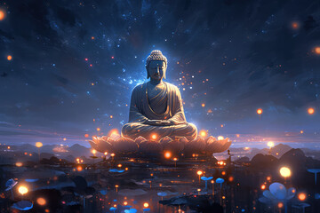 3d golden statue of Buddha meditating in Padmasana with glowing light line in hands against abstract background, generative AI.	
