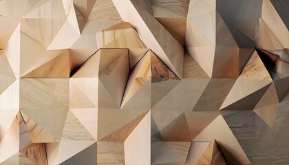 Wallpaper polygonal shapes background with wooden triangles as the focal point. The composition embraces the intricate beauty of low-poly design. Generate AI