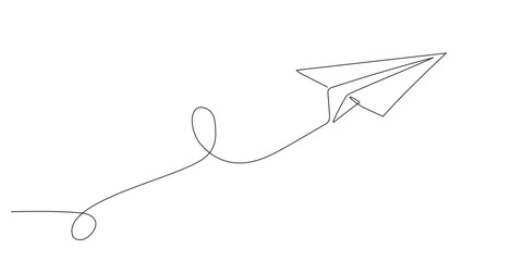 Paper plane flying up. Continuous one line drawing for business, travel or journey illustration. Single line art style. Airplane with destination line path. Doodle handdrawn drawing editable stroke - obrazy, fototapety, plakaty