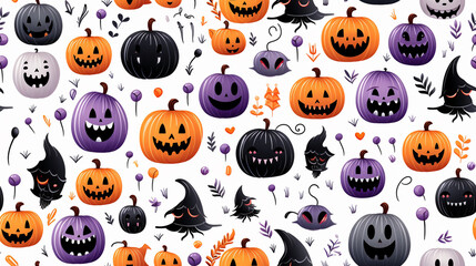 Naklejka premium Halloween illustrated spooky pumkin pattern seamless wallpaper on white background