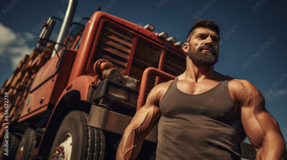 Wall mural brutal driver, truck with wooden logs on background