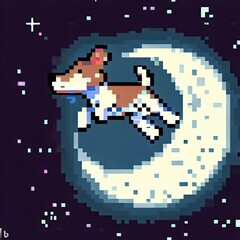 Pixel art illustration of a dog sitting on a moon and looking at the camera. Generative AI.