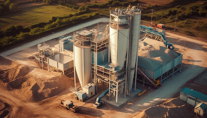 Aerial View Ready Mix Concrete Batching Plant, Mixer truck
