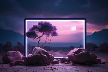 Digital tablet and tree on the beach at night