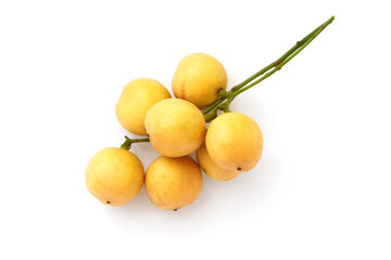 Bunch of burmese grape(Baccaurea ramiflora) isolated on white background , top view , flat lay.