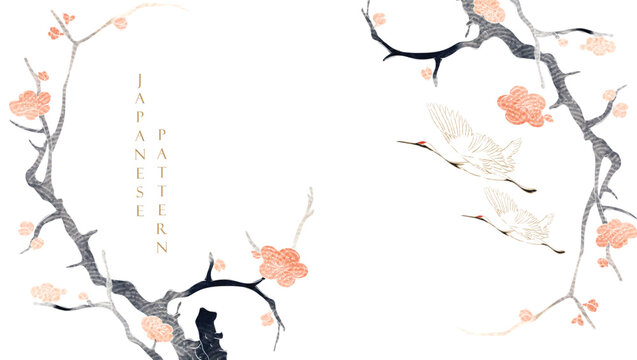 Crane birds and art natural landscape background with watercolor texture vector. Branch with leaves and flower decoration in vintage style. 