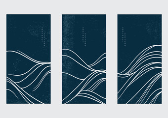 Hand drawn wave element with Japanese pattern vector. Oriental white line decoration with blue banner design, flyer or presentation in vintage style. Ocean sea elements.