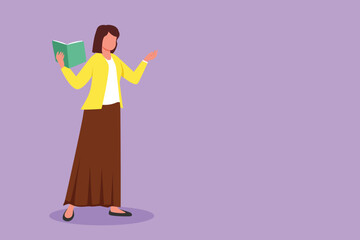 Character flat drawing woman teacher teaching lesson in front classroom with open book in her hand. College class of university teacher teach. Cute female teaching. Cartoon design vector illustration