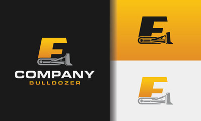 Letter E bulldozer heavy equipment logo vector. Loader logo vector for construction company. Vehicle equipment template vector illustration for your branding. © Shenju