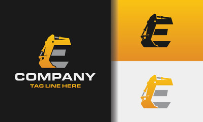 Letter E excavator logo template vector. Heavy equipment logo vector for construction company. Creative excavator illustration for logo template.