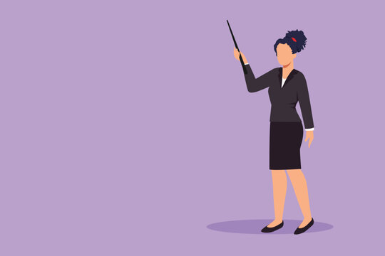 Character flat drawing female teacher or professor standing in front of class with pointer stick and teaching lesson at university. School woman teacher in blazer. Cartoon design vector illustration