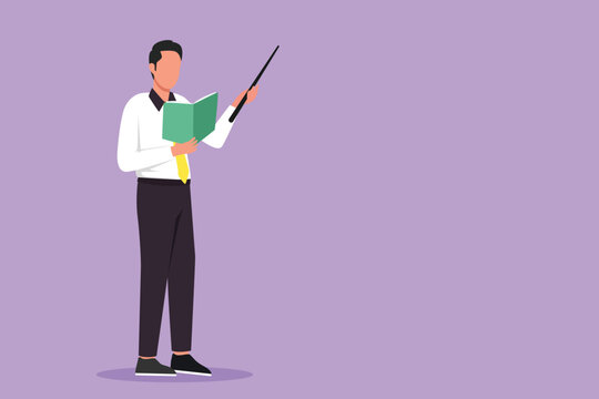 recommend clip art: Graphic flat design drawing man teacher standing with open book, pointer in front of classroom teaching lesson. Young smart professor at university is giving lecture. Cartoon style vector illustration