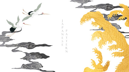 Crane birds and abstract landscape background with Japanese wave pattern and chinese cloud vector. Hand drawn line with gold and black ocean sea texture in vintage style