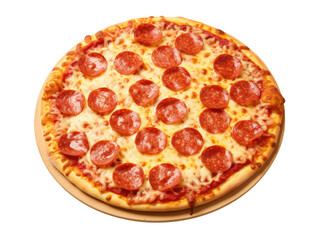 Whole pepperoni pizza on cutting board isolated on transparent background, top view