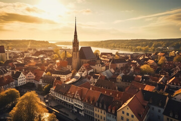 Fototapeta premium Generic medieval city in the morning, drone view, with a church and old buildings around