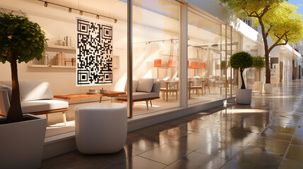 Sleek storefront with a prominent QR code, a nod to the digital age of shopping, generative AI - obrazy, fototapety, plakaty
