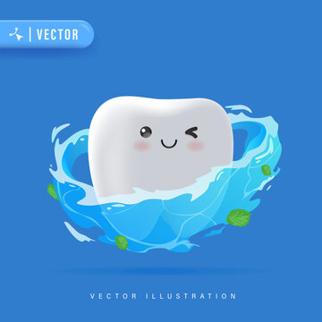 Happy and Healthy Tooth 3D Character Smiling with Milk Splash and Calcium Particles Vector Illustration. Suitable for Children Dental Clinic Poster