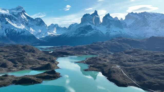 National Park Of Torres Del Paine In Punta Arenas Chile. Snowy Mountains. Glacial Scenery. Punta Arenas Chile. Winter Travel. National Park At Torres Del Paine In Punta Arenas Chile.