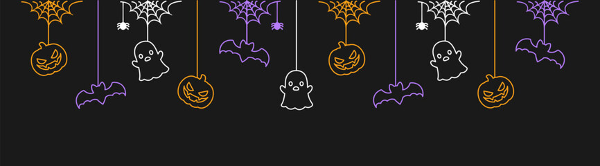Happy Halloween banner or border with bats, ghost and jack o lantern pumpkins. Glowing Hanging Spooky Ornaments Decoration Vector illustration, trick or treat party invitation