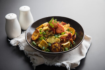 Chaufa amazonico fried rice with chorizo and  smoked pork cecina peru peruvian food