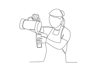 Single continuous line drawing of Woman Pouring Juice From Blender Into Long Glass. Healthy food concept one line drawing design vector minimalism illustration.
