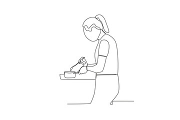 Single continuous line drawing of Woman Stirring Cooked Food. Healthy food concept one line drawing design vector minimalism illustration.
