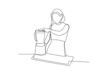 Single continuous line drawing of Woman Blending Juice. Healthy food concept one line drawing design vector minimalism illustration.
