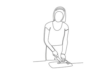 Single continuous line drawing of Woman Cutting Carrots. Healthy food concept one line drawing design vector minimalism illustration.
