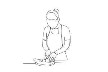 Single continuous line drawing of Woman Cutting Potatoes. Healthy food concept one line drawing design vector minimalism illustration.
