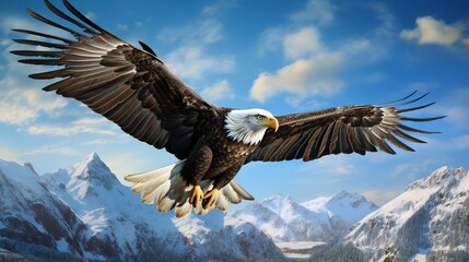 a bald eagle flying over a mountain range with mountains in the background.  generative ai