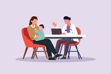 Fototapeta na wymiar Kids, parents and doctor. Parenting in Healthcare concept. Colored flat vector illustration isolated. 