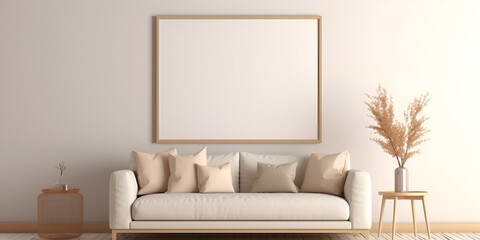 Interior of modern living room with beige sofa and big mock up poster 3d rendering  .Sleek Living Room Space with Beige Couch and Empty Picture Frame