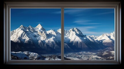  a window view of a mountain range with a blue sky.  generative ai