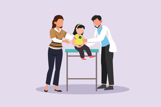 Kids, parents and doctor. Parenting in Healthcare concept. Colored flat vector illustration isolated. 
