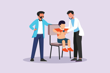Kids, parents and doctor. Parenting in Healthcare concept. Colored flat vector illustration isolated. 