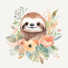 Watercolor vector illustration of a Sloth painting for children nursery room