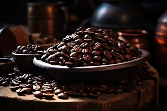 Brown coffee beans in a wooden cup. Close-up, low kay