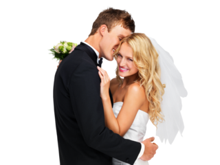 Wedding, marriage and portrait of couple hug for love on isolated, png and transparent background. Event, relationship and happy bride and groom embrace for celebration, ceremony and commitment