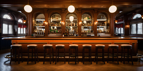 A bar designed in Chicago style, featuring a main counter with a distinct Chicago ambiance. The interior embodies a traditional bar or pub setting, adorned with wooden paneling, a countertop, - obrazy, fototapety, plakaty