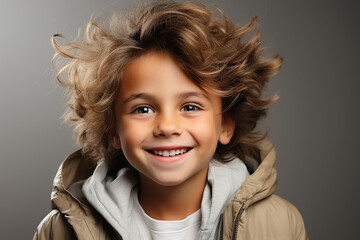 studio portrait of cute little teenage brunette boy on different colour backgrounds