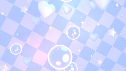 3d rendered cartoon glossy hearts and soap bubbles on a blue checkered background.