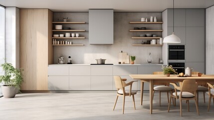  a kitchen with a table and chairs and a potted plant.  generative ai