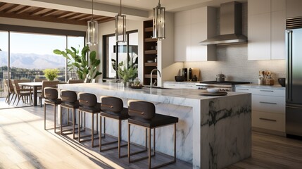  a large kitchen with a marble island and bar stools.  generative ai