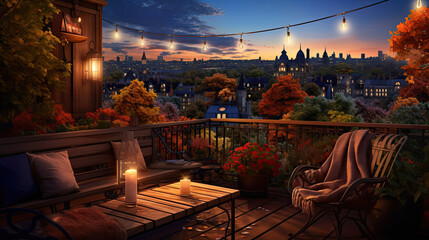 View over cozy outdoor terrace with outdoor string lights. Autumn evening on the roof terrace of a beautiful house with lanterns, digital ai art, Generative Ai