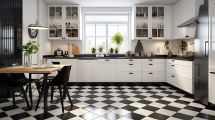  a kitchen with a checkered floor and a table with chairs.  generative ai