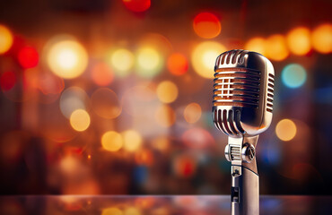 Vintage microphone with blurred bokeh background