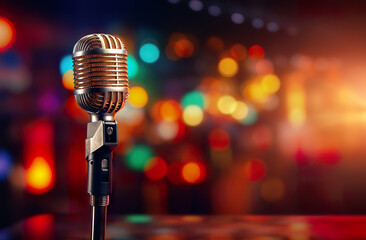 Vintage microphone with blurred bokeh background