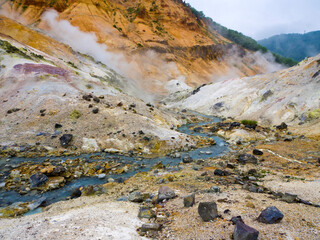 Jigokudani valley or hell valley, active volcano in Noboribetsu city, Hokkaido, Japan.