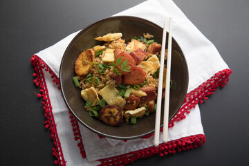 Chaufa amazonico fried rice with chorizo and  smoked pork cecina peru peruvian food