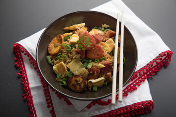 Chaufa amazonico fried rice with chorizo and  smoked pork cecina peru peruvian food